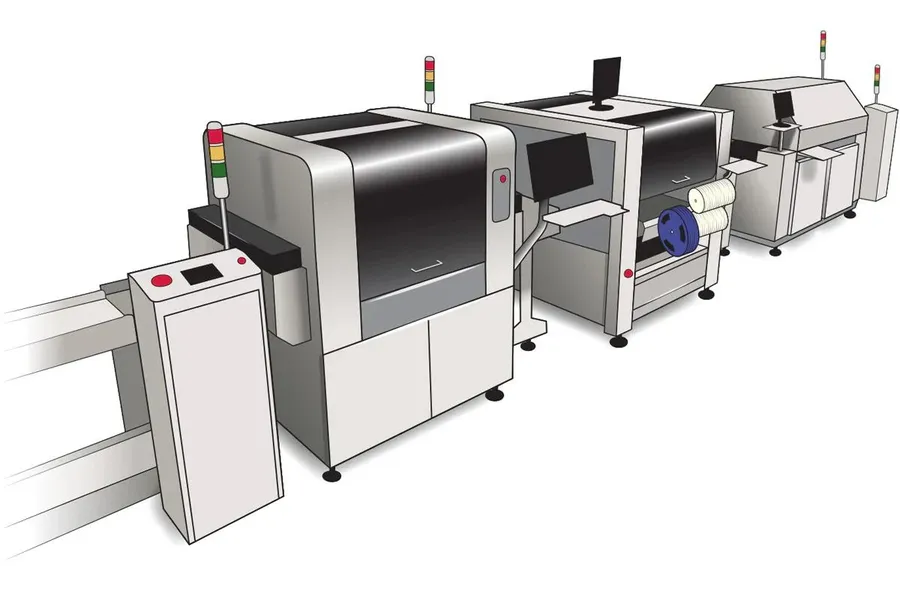 An overview of a PCB manufacturing line with machines and workers.