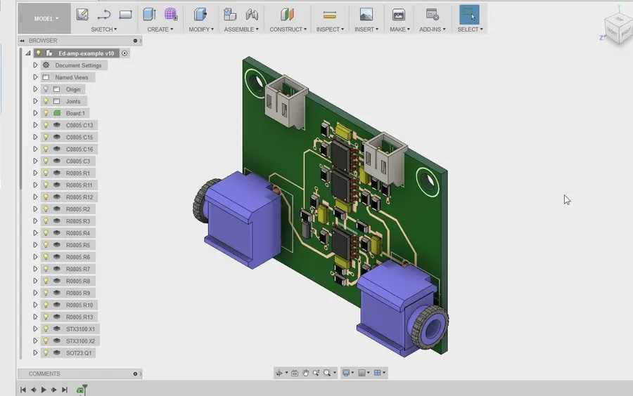 Screenshot of a PCB design software interface showing component placement and traces.