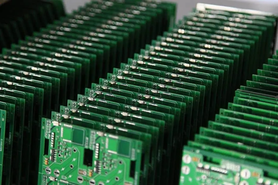 A large number of PCBs being mass-produced on an assembly line.