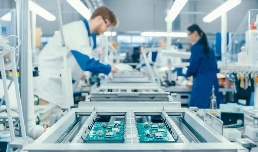 A panoramic view of a PCB manufacturing factory floor.