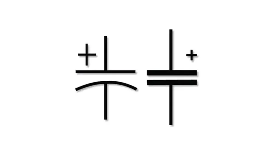 The schematic symbol of a capacitor, showing different variations.