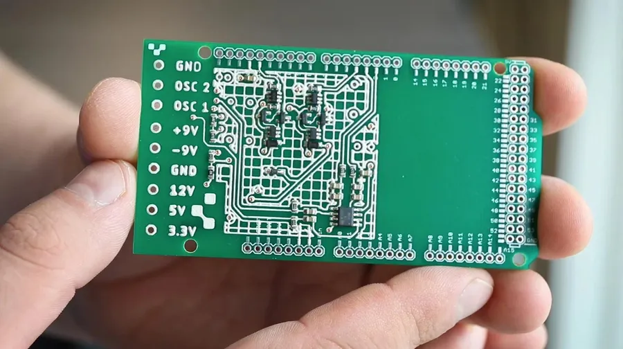A close-up view of a printed circuit board with various electronic components.