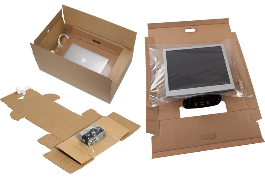Electronic components being packaged for shipping.
