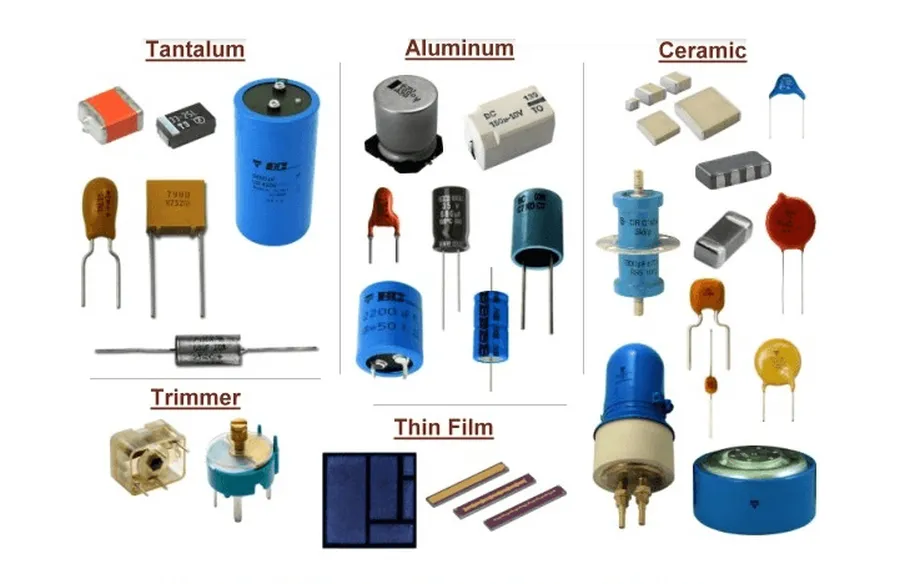 A collection of different capacitor types including ceramic, electrolytic and tantalum.