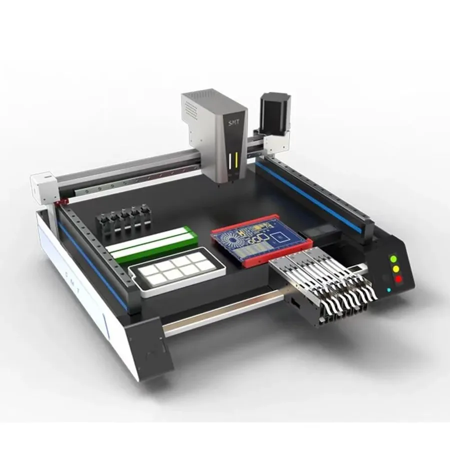 SMT pick and place machine placing components on a PCB.
