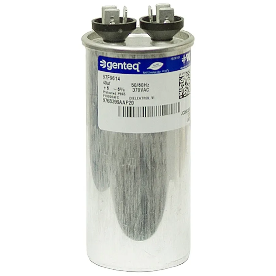 A close-up view of a Genteq capacitor.