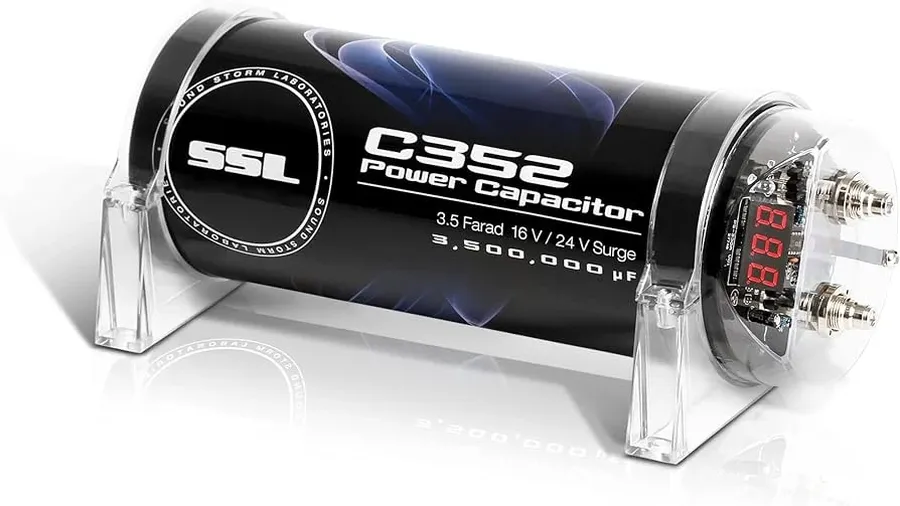 A cylindrical capacitor with terminals, designed for car audio amplifiers.
