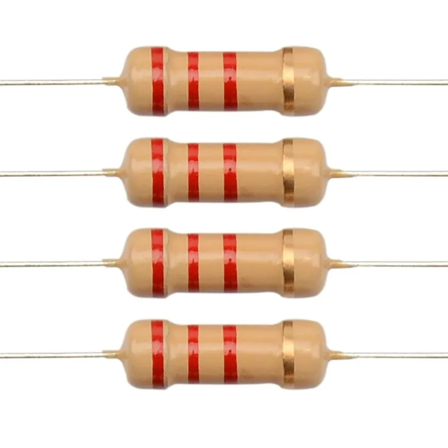 A close-up of a 2.2 ohm resistor with its markings visible.