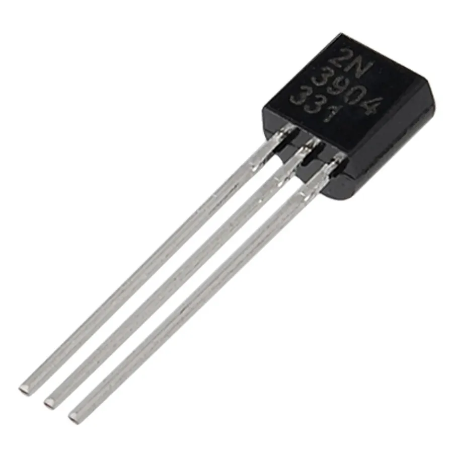 A close-up view of a 2N3904 transistor.