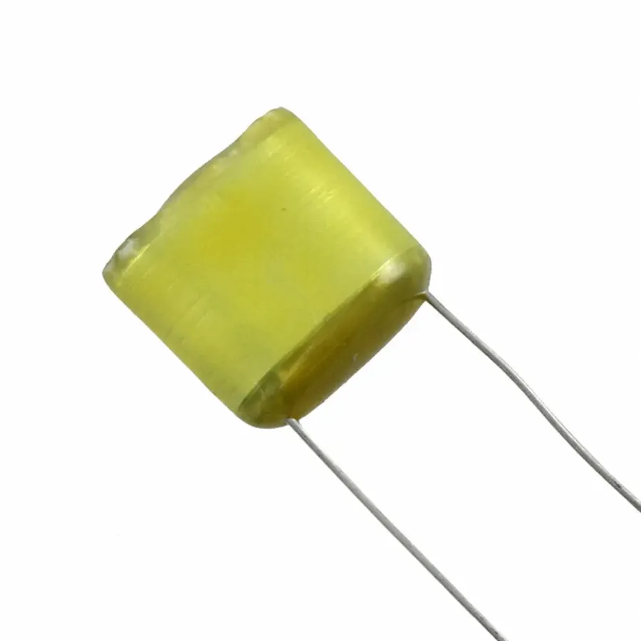 A close-up of a mylar film capacitor.