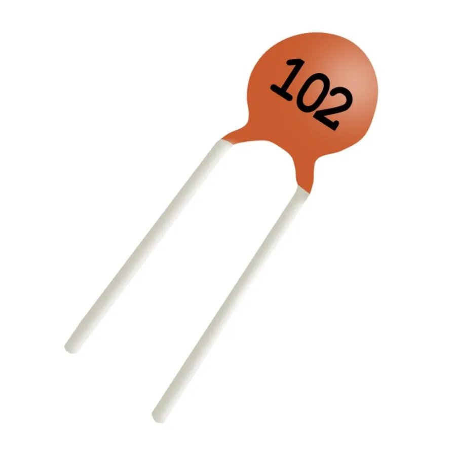 A close-up of a capacitor with the marking '102'.