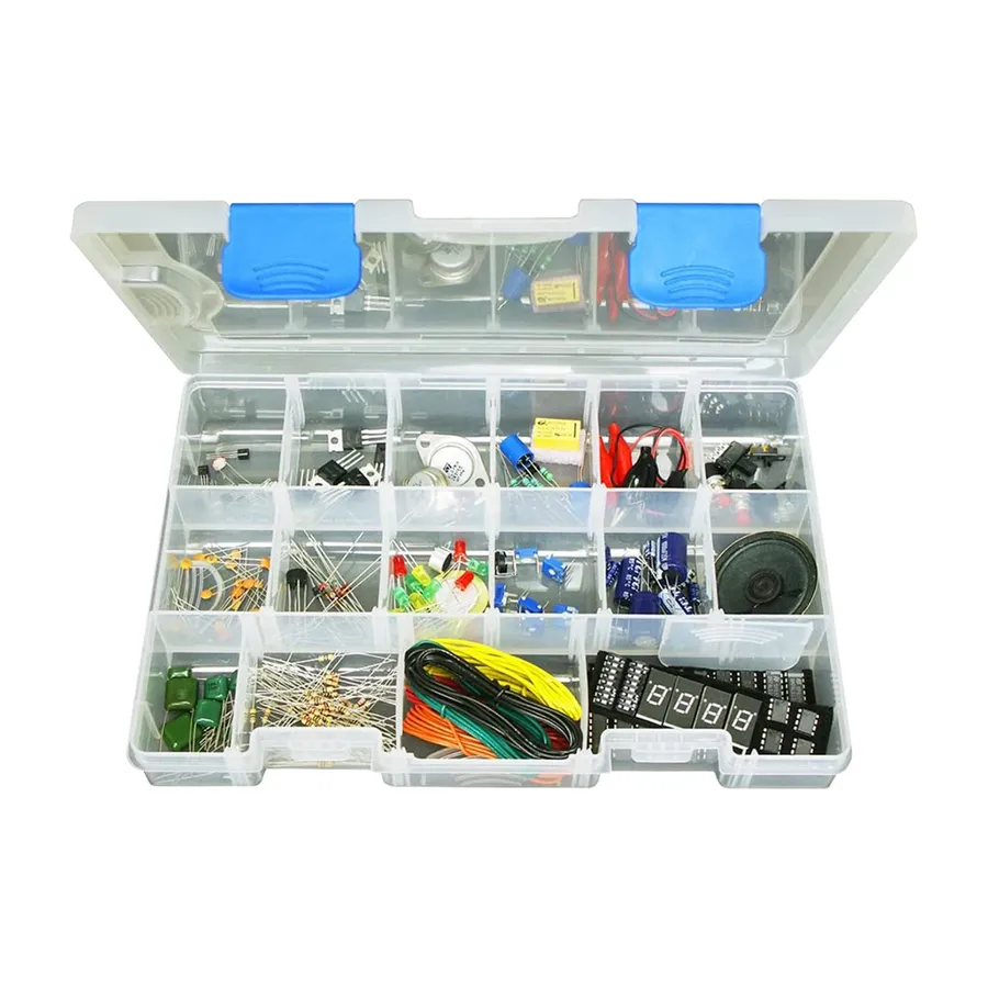 A collection of various electronic components such as resistors, capacitors, and transistors.