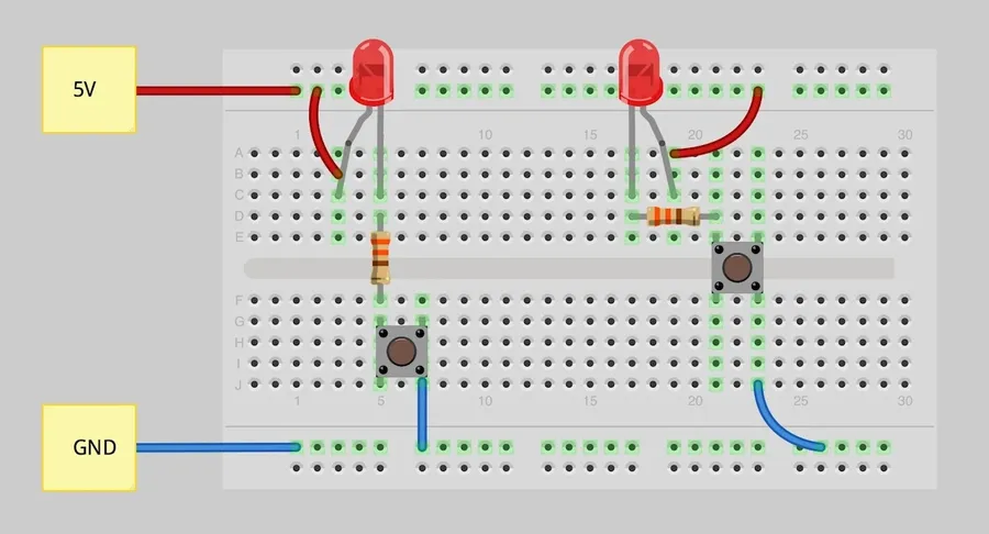 A breadboard with analog circuit components.