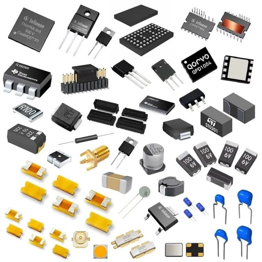 A close-up of a PCB with various components like resistors, capacitors, and integrated circuits.