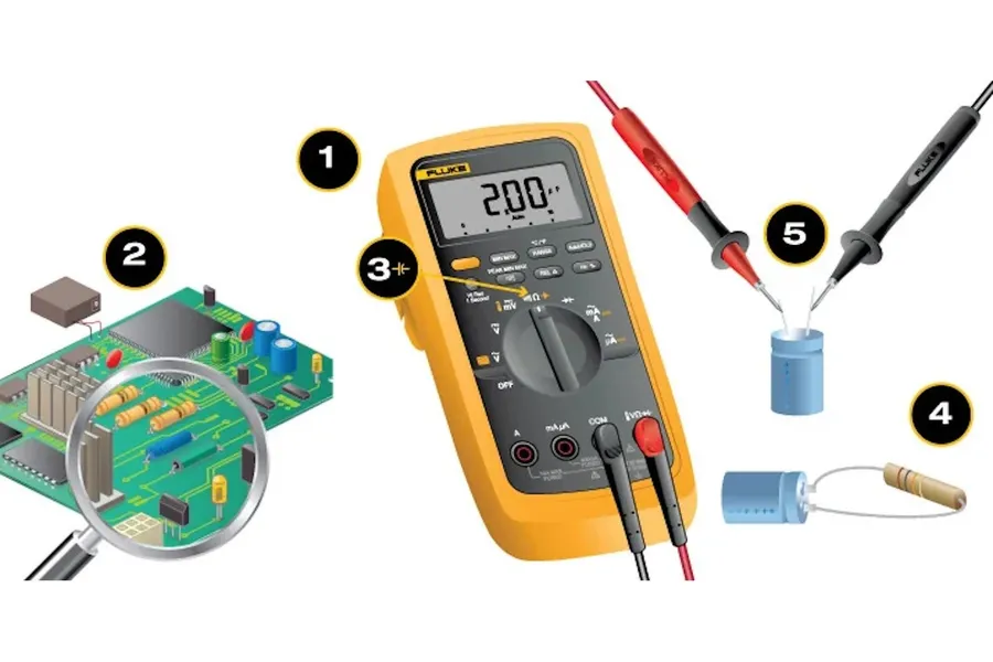 A multimeter testing an AC capacitor.