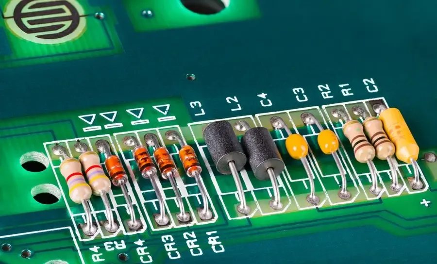 A circuit board with various resistors soldered onto it.