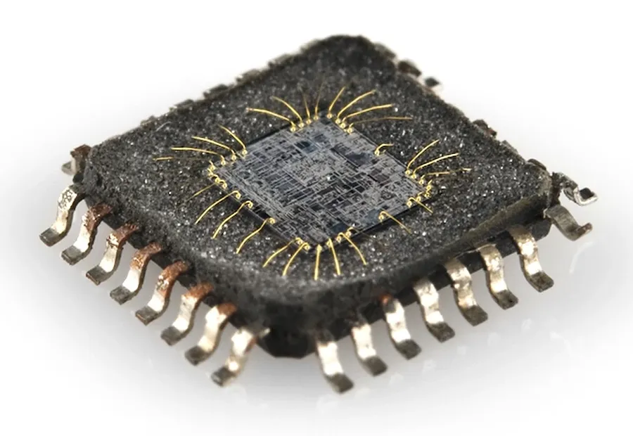 A close-up view of an integrated circuit chip on a circuit board.