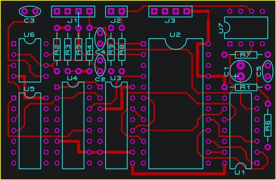 A top-down view of a finished PCB layout, with traces and components.