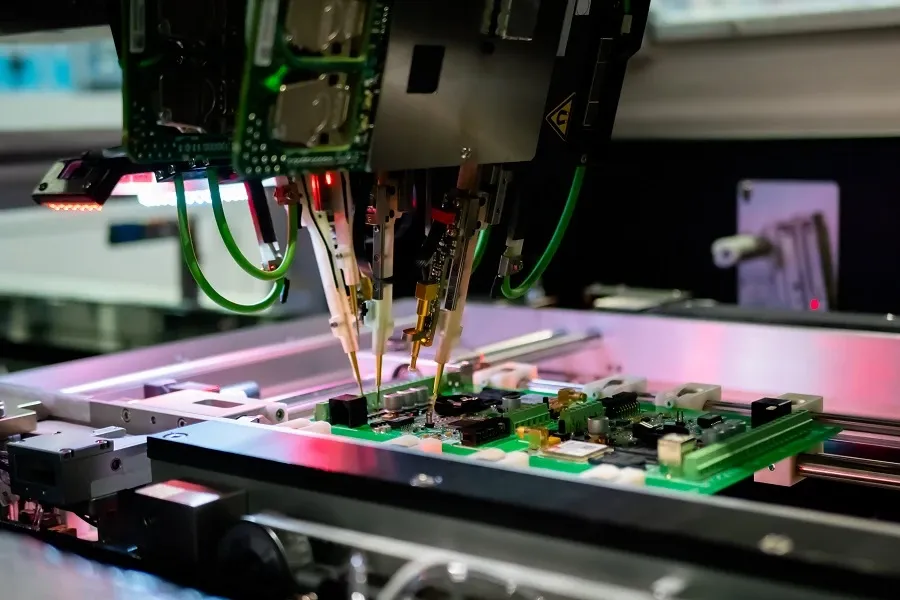 A bare PCB being tested using testing equipment.