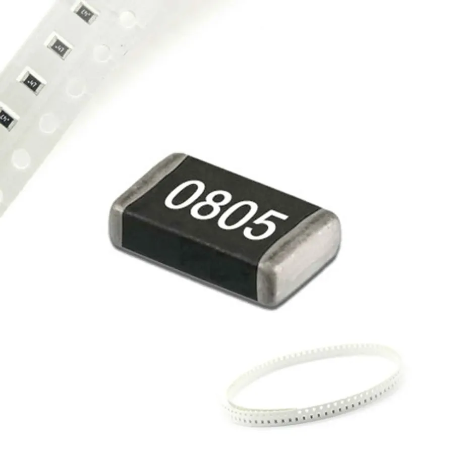 A close-up view of a small surface mount 100 ohm resistor.