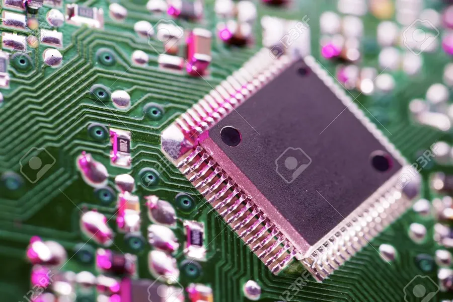 A close-up view of an integrated circuit chip with capacitors.
