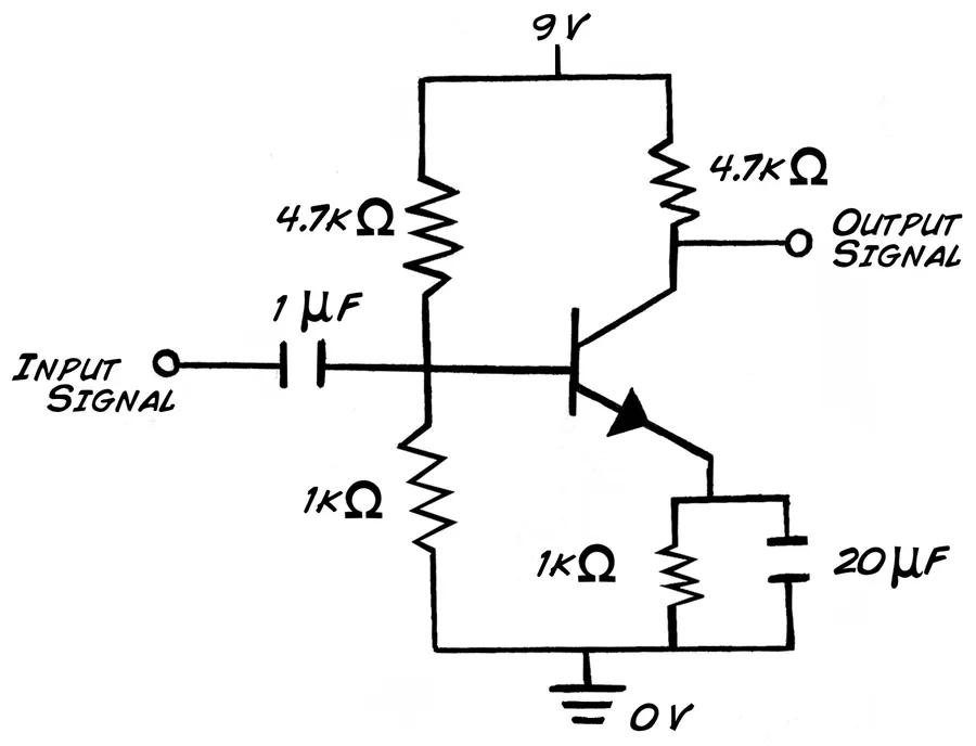 A typical transistor schematic diagram, showing multiple components.