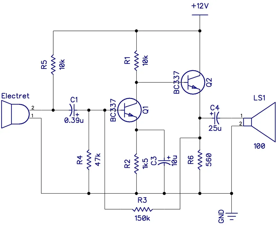 A basic circuit diagram of a transistor being used as an amplifier.
