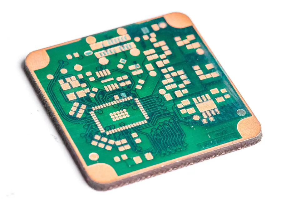 A highly detailed close up of a laser engraved PCB with fine traces.