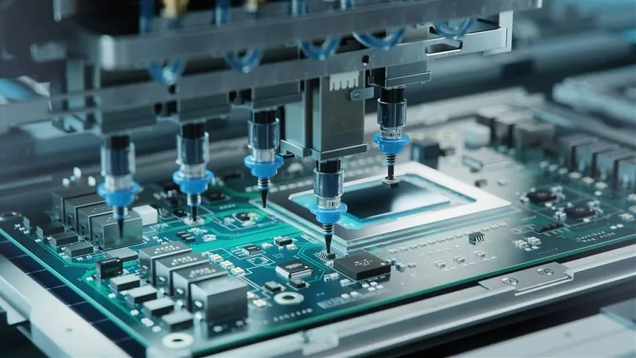 Hands assembling components onto a PCB.