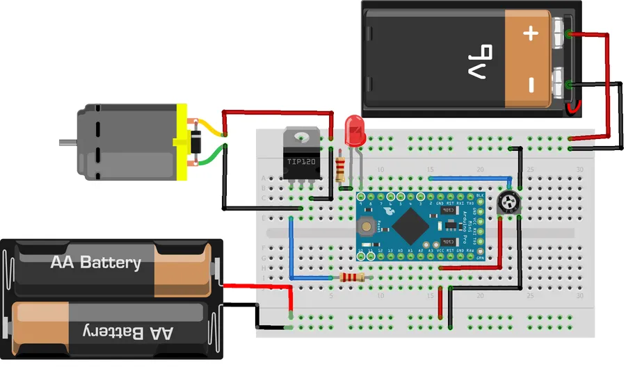A small motor being controlled by a circuit with a TIP120 transistor.