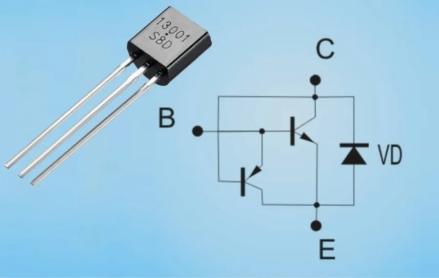 A diagram showing the pinout of a 13001 transistor.