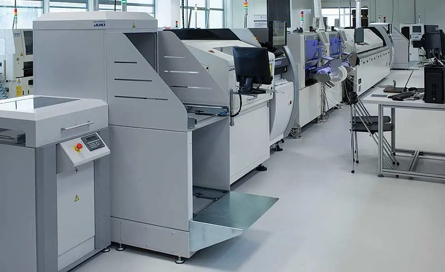A view of a PCB production line with various machines.