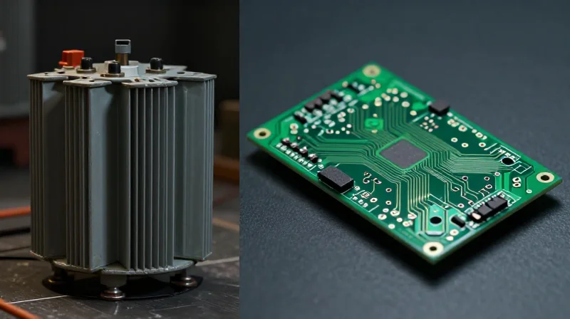 Conceptual visualization showing the transition from heavy bulky transformers to sleek modern PCB power modules in dental equipment.