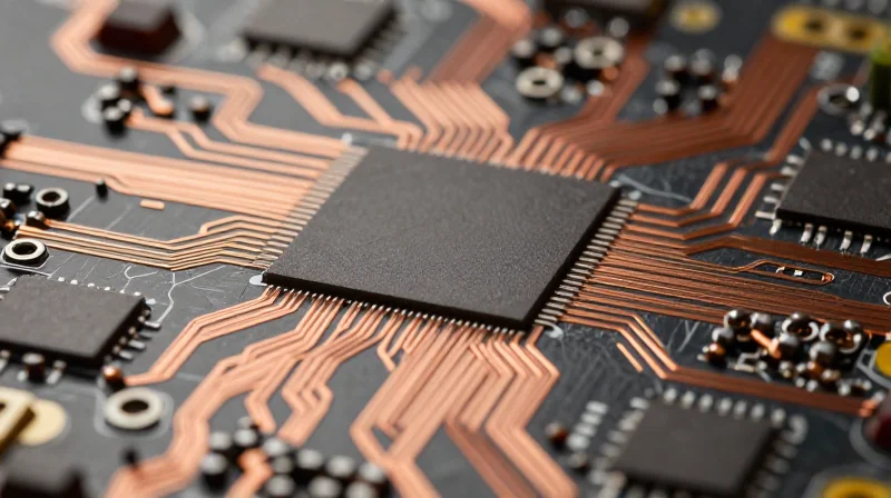 Close-up macro view of a high-density interconnect PCB showing intricate microvias and circuit layering.