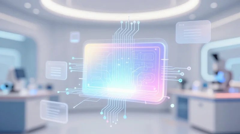 Concept of AI and smart imaging hardware integrating into a sleek medical device.