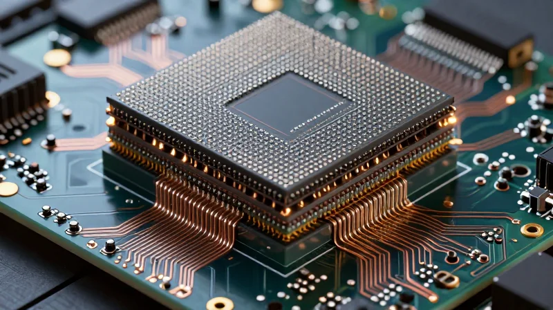 Understanding High-Density Interconnect (HDI) Design An abstract visualization of high-density interconnect PCB layers with micro-vias and dense component connections.
