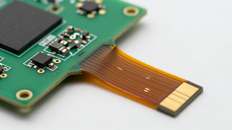 The Rise of Rigid-Flex Circuits in Mobile Electronics A close-up of a rigid-flex PCB showing the transition between stiff board and flexible polymer substrate.