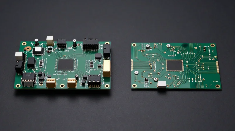 Direct Comparison: Component Density and Real Estate Split-screen view showing a compact HDI motherboard on one side and a complex rigid-flex circuit assembly on the other.