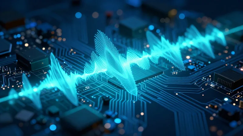 Abstract digital visualization of electromagnetic waves interacting with a circuit board