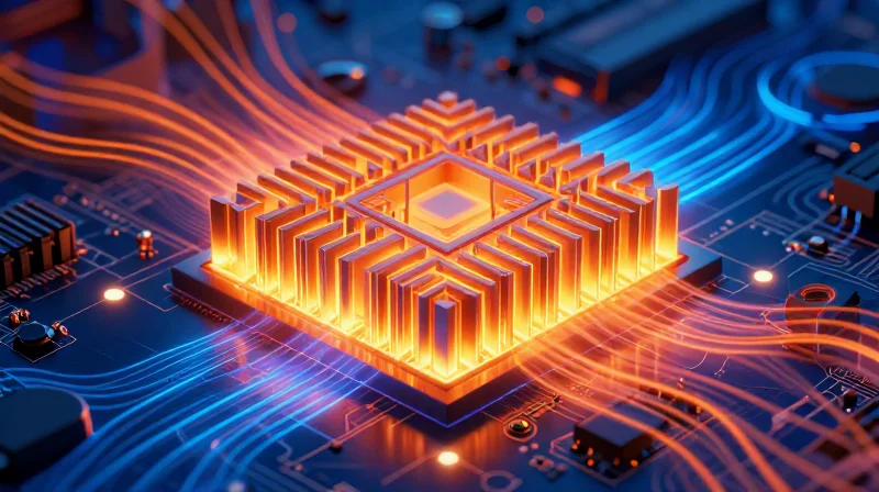 Abstract visualization of thermal management on a circuit board using glowing heat-sink structures.