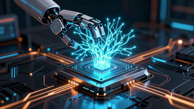 The Shift from Cloud-Based to Edge AI Abstract representation of edge AI, showing a localized robotic brain processing data without cloud connection.