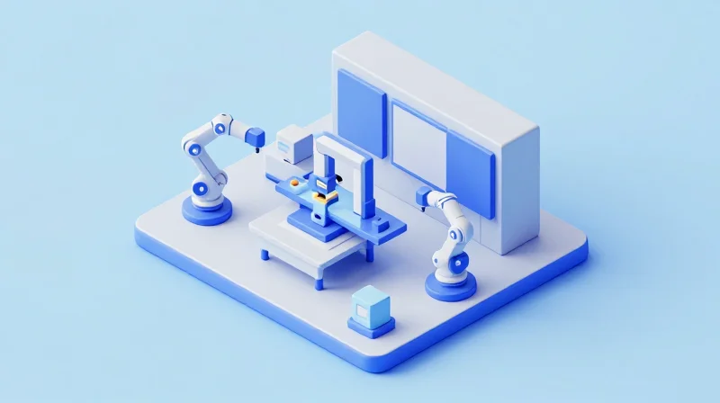 Isometric view of a robotic assembly and inspection station for electronics