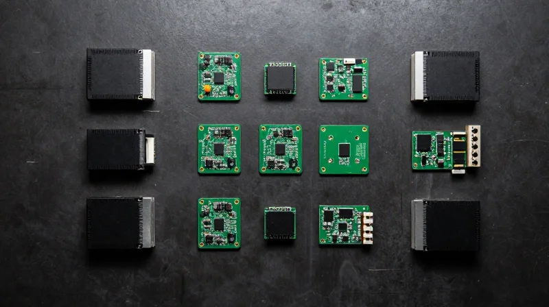 Top-down view of circuit board components arranged to separate high-frequency switching areas from sensitive analog circuits