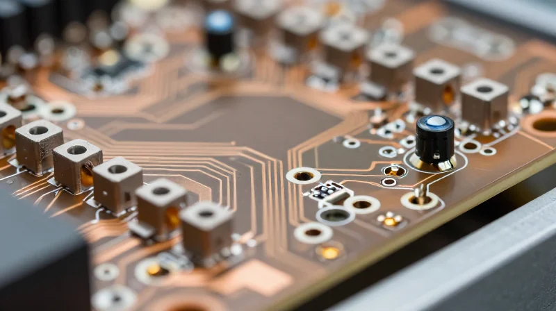 Macro detail shot of microscopic via holes on a high-precision printed circuit board surface