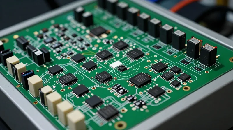 A close-up of a traditional industrial electronic control board with dense circuit traces and classic microcontrollers.