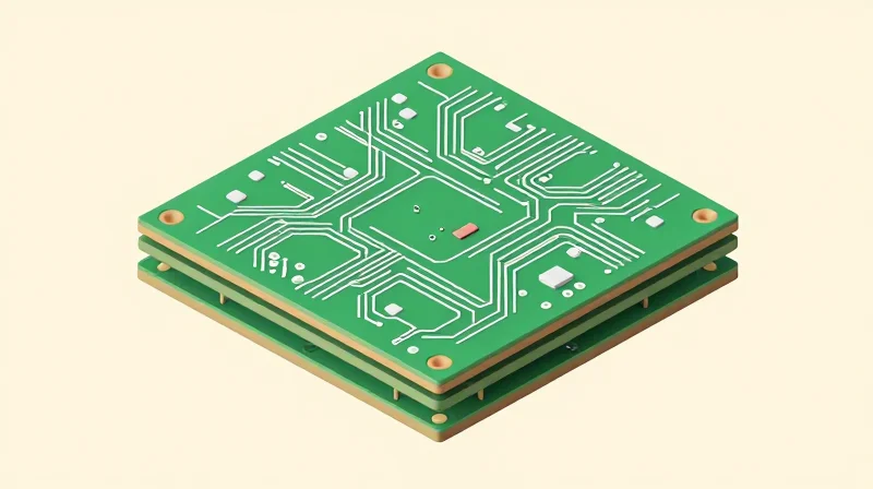 A 3D isometric representation of a high-density interconnect (HDI) multilayer printed circuit board with microscopic vias.