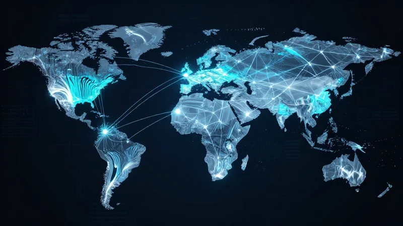 Network of glowing nodes connecting parts, representing end-to-end supply chain transparency