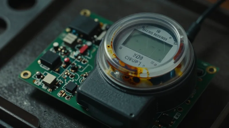 A close-up of a damaged electronic circuit board inside a weathered smart meter housing, highlighting industrial degradation.