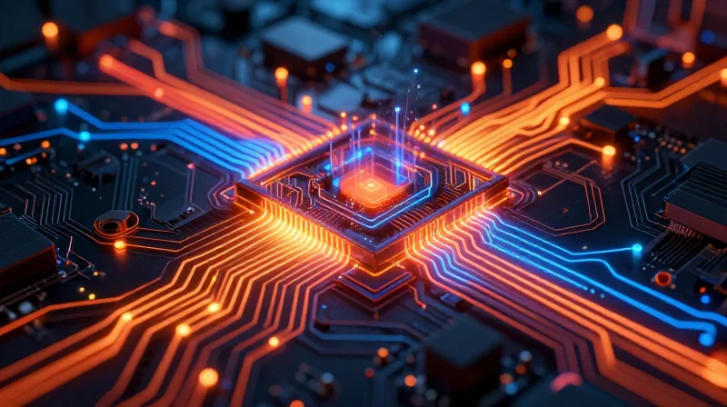 A conceptual thermal visualization of a high-performance PCB, highlighting heat dissipation.