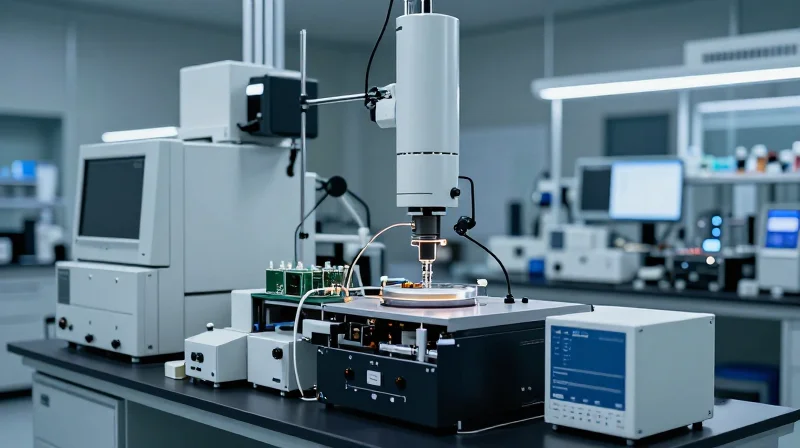 A sterile laboratory environment where an electronic component is being tested.